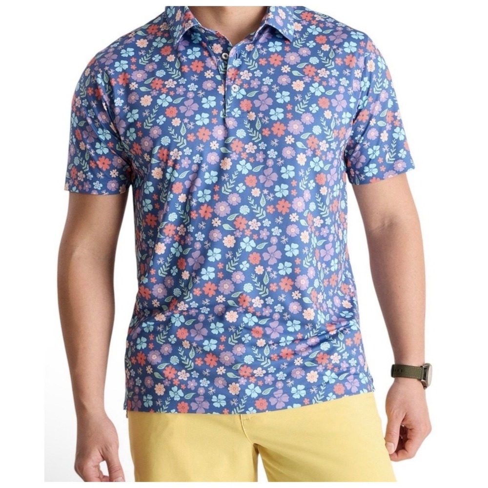 Chubbies Mens The Spring Pedal Blue Performance Golf Polo Floral Print Small NEW